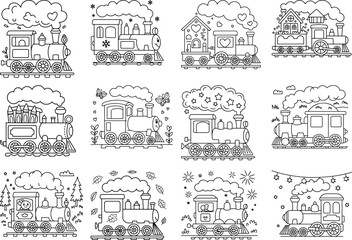 Collection of Cute Cartoon Trains for Coloring Pages vector illustration