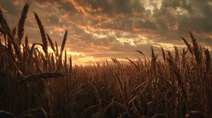 Golden Hour Light Bathes a Lush Grain Field Under a Dramatic Sunset Sky.