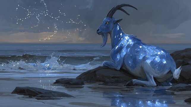 Mystical Capricorn Illustration Against Coastal Backdrop with Starry Night Sky