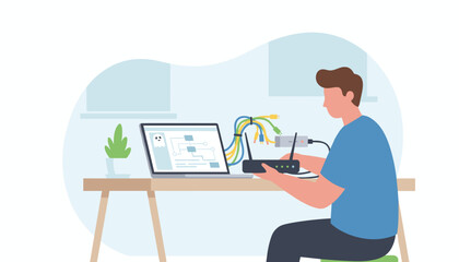 Man configuring network router and laptop for internet connection security or IT support concept