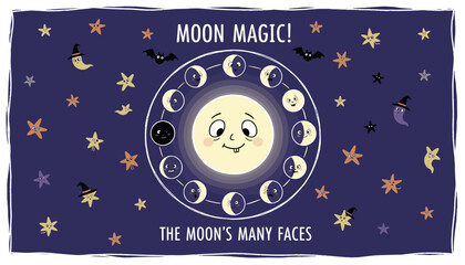 Naklejka premium Cheerful moon phases illustration with stars and bats ideal for kids education or Halloween fun