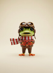 Whimsical Frog Aviator Ready for Flight with Detailed Pilot Outfit and Vintage Airplane Toy, Set Against a Soft Background. Generative AI