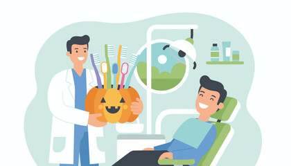 Dentist offers toothbrushes in a festive pumpkin to a smiling patient at the dental clinic