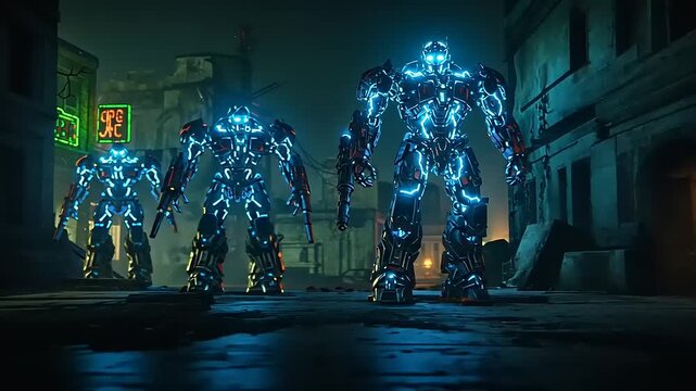 Giant Glowing Blue Robots Patrolling a Dark Cyberpunk City Street.