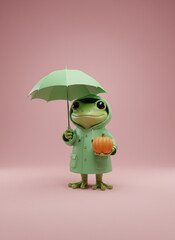 Whimsical Frog in Raincoat Holding Pumpkin Under Umbrella a Charming 3D Render with Pastel Pink Background. Generative AI