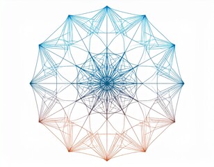 Intricate geometric wireframe shape with a blue to orange gradient, representing complex data networks, connectivity, and modern digital concepts