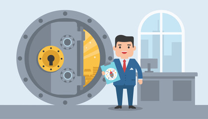 Happy businessman with open vault of gold celebrating financial success and rewards