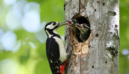 Woodpecker feeding chicks