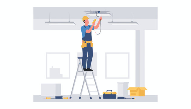 Professional electrician installing ceiling wiring in a commercial space Maintenance and service