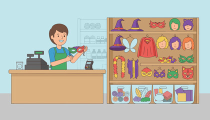 Cheerful shop employee prepares masks in a wellstocked costume and craft shop
