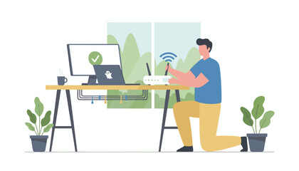 Man setting up WiFi router for home internet remote work and digital connectivity