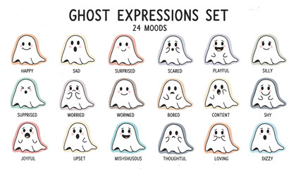 Cute cartoon ghost expressions set showing 24 different moods perfect for design and educational use