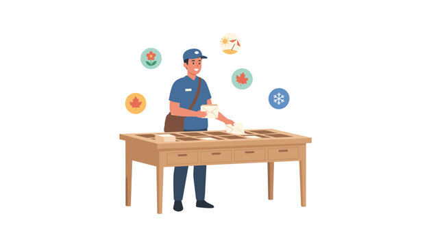 Smiling mail carrier sorts letters at a post office desk representing yearround postal service