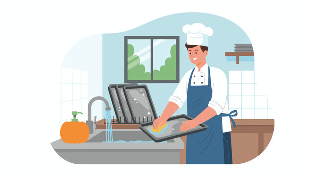 Happy chef cleaning baking sheets in a commercial kitchen sink Food service hygiene concept