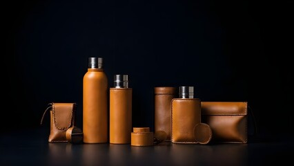 A luxe lineup of brown leather-covered accessories—sleek bottles, pouch, clutch, and containers—perfect for premium travel or grooming kits.