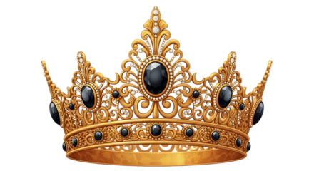 Ultra highresolution, professional studio photography of illustration of a luxurious golden crown adorned with black gemstones, isolated on transparent background