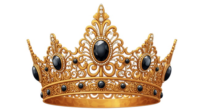 Ultra highresolution, professional studio photography of illustration of a luxurious golden crown adorned with black gemstones, isolated on transparent background