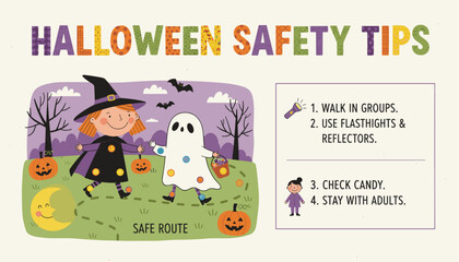 Happy children trickortreating safely on Halloween night following important safety tips