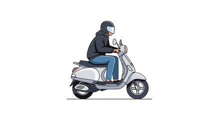 A person with a helmet riding a vintage scooter on a white background cartoon illustration design