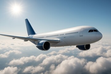 Obraz premium Passenger airplane flying above clouds under clear blue sky with sun shining in background, showing modern air transport concept in realistic style. Ai generative