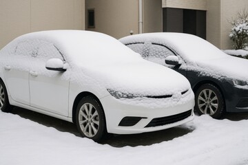Two modern cars fully covered in fresh snow parked outside a residential building during winter season, representing cold weather transport concept. Ai generative