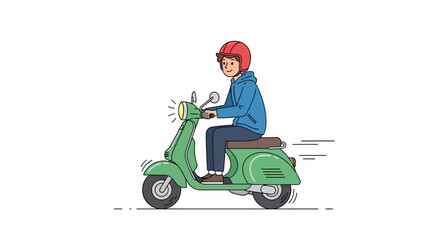 Fototapeta premium Illustration of a young man with helmet riding a vintage green scooter with motion lines conveying