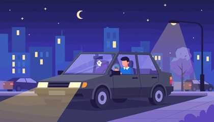 Man driving car at night in a city Urban scene smartphone use navigation modern transportation © VisualPro