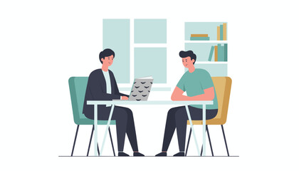 Two men discussing in a modern office one using a laptop with a unique bat design Business meeting concept