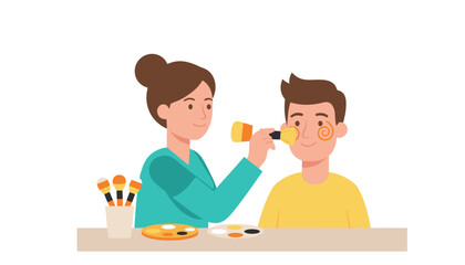 Woman applying face paint to mans cheek Fun creative activity for parties or events