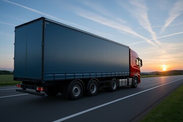 Red cargo truck driving on empty highway at sunset with scenic sky, symbolizing modern freight logistics and transportation concept by road. Ai generative
