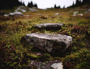 Rocky steps ascend a hillside covered in moss and grass