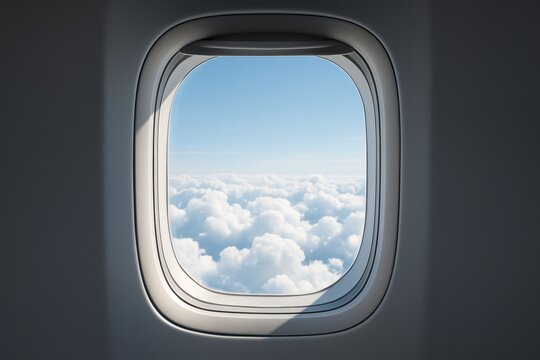 Airplane window view showing fluffy white clouds and blue sky from inside cabin, symbolizing modern air travel and transport concept in flight scene. Ai generative