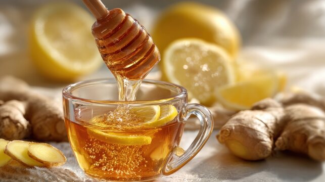 Honey being drizzled into a cup of ginger lemon tea with fresh ingredients around - Powered by Adobe