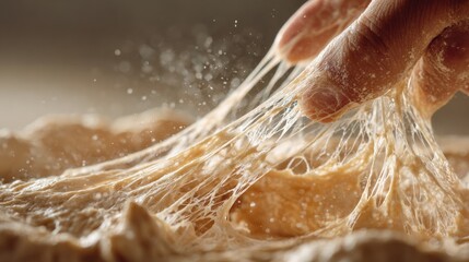Fototapeta premium Hand stretching elastic dough with visible gluten strands and flour particles in motion