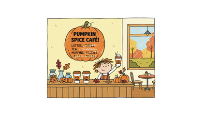 Child happily serves pumpkin spice latte in cozy autumn cafe