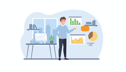 Businessman presenting data with charts and graphs including unique pumpkin data in a modern office