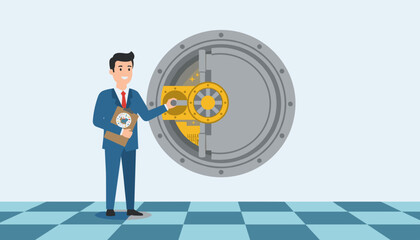 Happy businessman accessing bank vault with gold coins symbolizing wealth and financial security