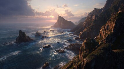 Majestic Coastal Cliffs Illuminated by a Dramatic and Luminous Golden Hour Sunset.