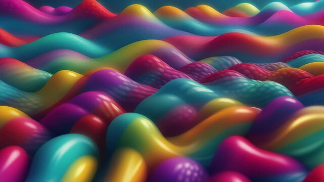 Mesmerizing abstract animation of a morphing, glossy, and colorful liquid surface. Viscous, iridescent waves seamlessly transform into bubbling bumps. Perfect seamless loop 3D background.
