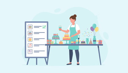 Woman preparing a festive party with cakes gifts and balloons Event planning concept