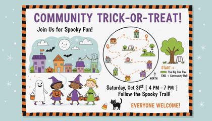 Children in costumes trickortreating in a festive neighborhood for a community Halloween event