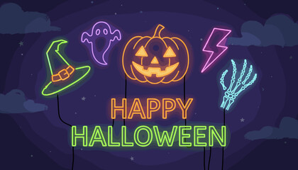 Bright neon Halloween signs illuminate a spooky night sky perfect for festive promotions