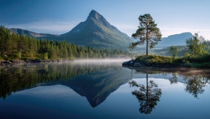 Misty morning lake reflecting a mountain peak and lone pine