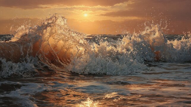 Golden Hour Ocean Wave Crashing with Sunlit Spray and Warm Sunset Hues. - Powered by Adobe