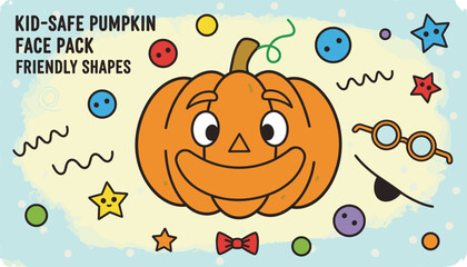 Friendly cartoon pumpkin face pack with customizable elements for kidsafe Halloween fun and design