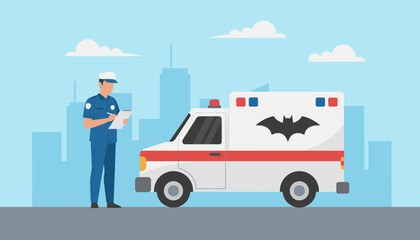 Officer writing report near a stylized superhero emergency van with a bat symbol in the city
