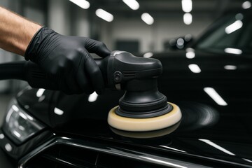 Close-up of gloved hand polishing a black car hood using a power buffer in a garage with bright lighting, detailing concept for transport care. Ai generative
