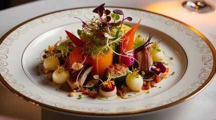 a gourmet dish, with vibrant, fresh ingredients, artfully arranged on an elegant plate with intricate garnishes 