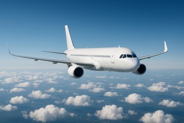 Obraz premium White commercial airplane flying above clouds in clear blue sky, showing modern air transport concept in high-quality photorealistic style. Ai generative