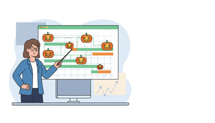 Professional woman presents Halloween project timeline combining business planning with festive fun